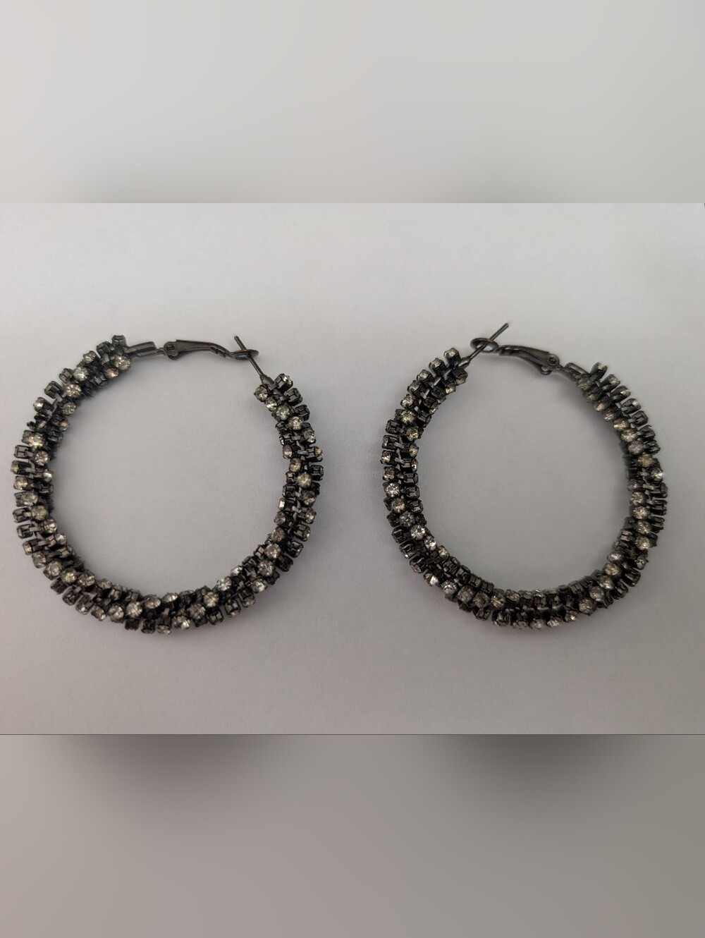 Vintage Black Base Hoop Pierced Earrings With Rhinestones 2-2026D6